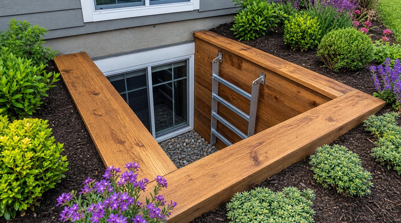 Beautifully landscaped window well with timber terracing and egress ladder adding curb appeal to home exterior