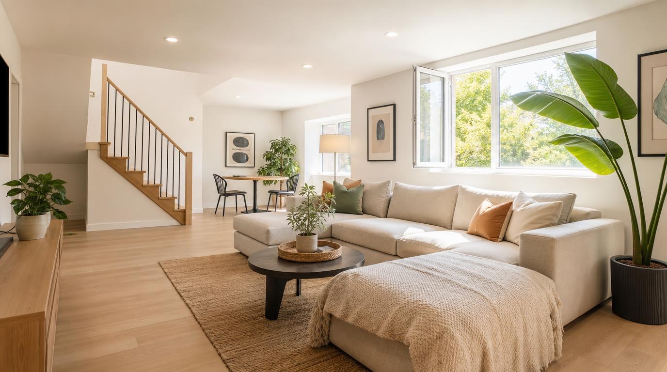 Bright finished basement living room illuminated by natural light from a large egress window