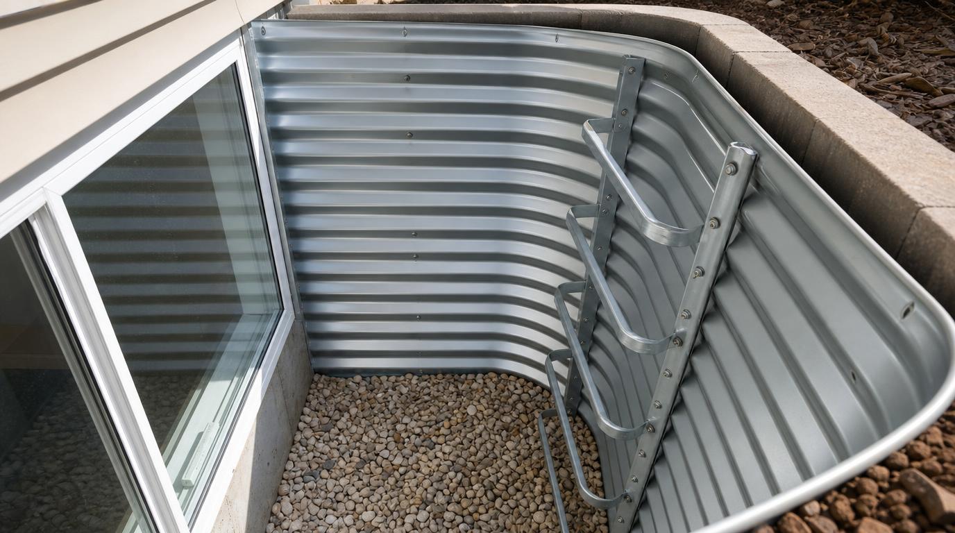 Deep galvanized steel window well with permanent egress ladder installed according to IRC codes