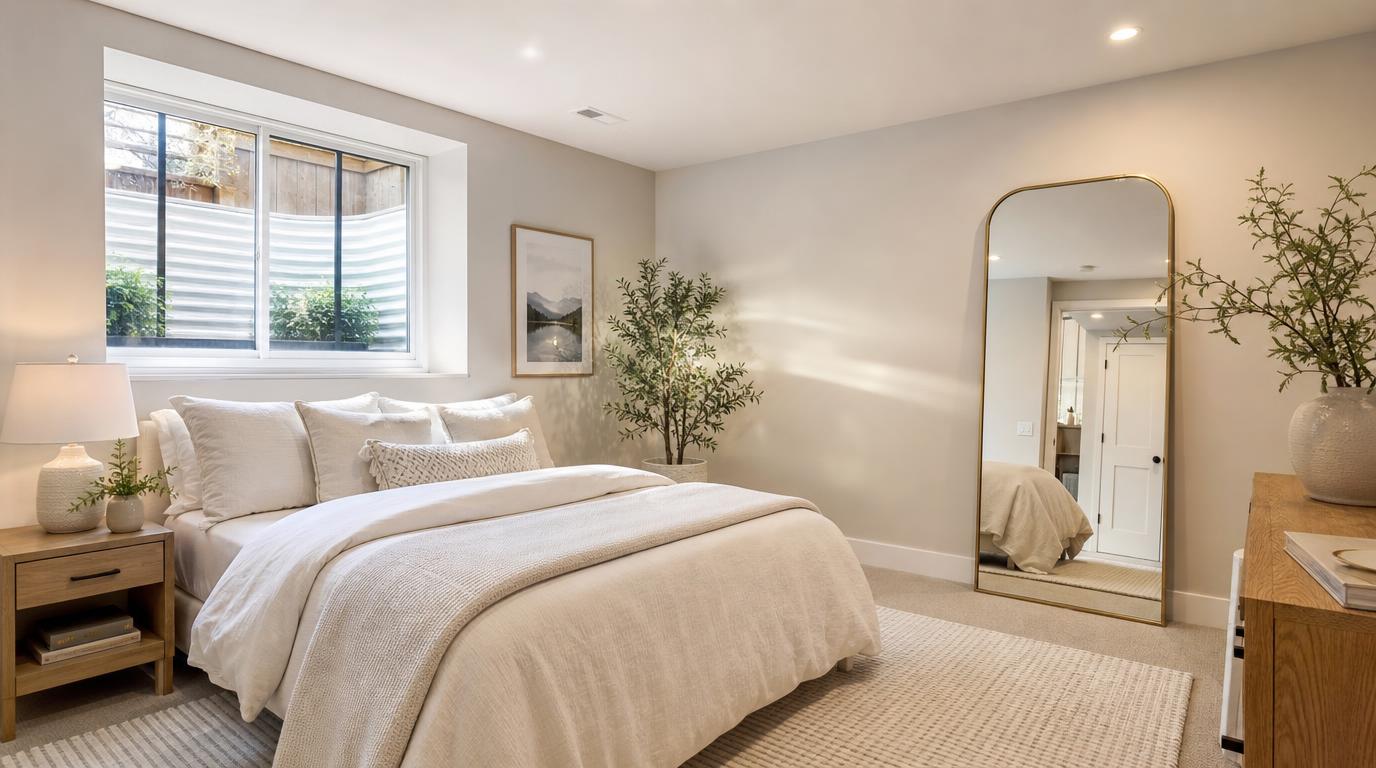 Finished basement guest bedroom using light-colored walls and mirrors to reflect egress window daylight
