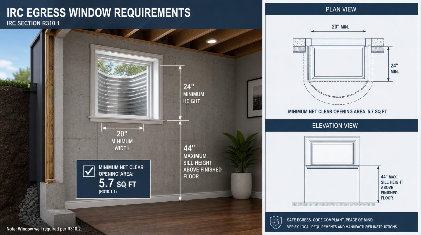 Infographic diagram illustrating IRC egress basement window minimum dimensions including 5.7 sq ft area and 44 inch sill height