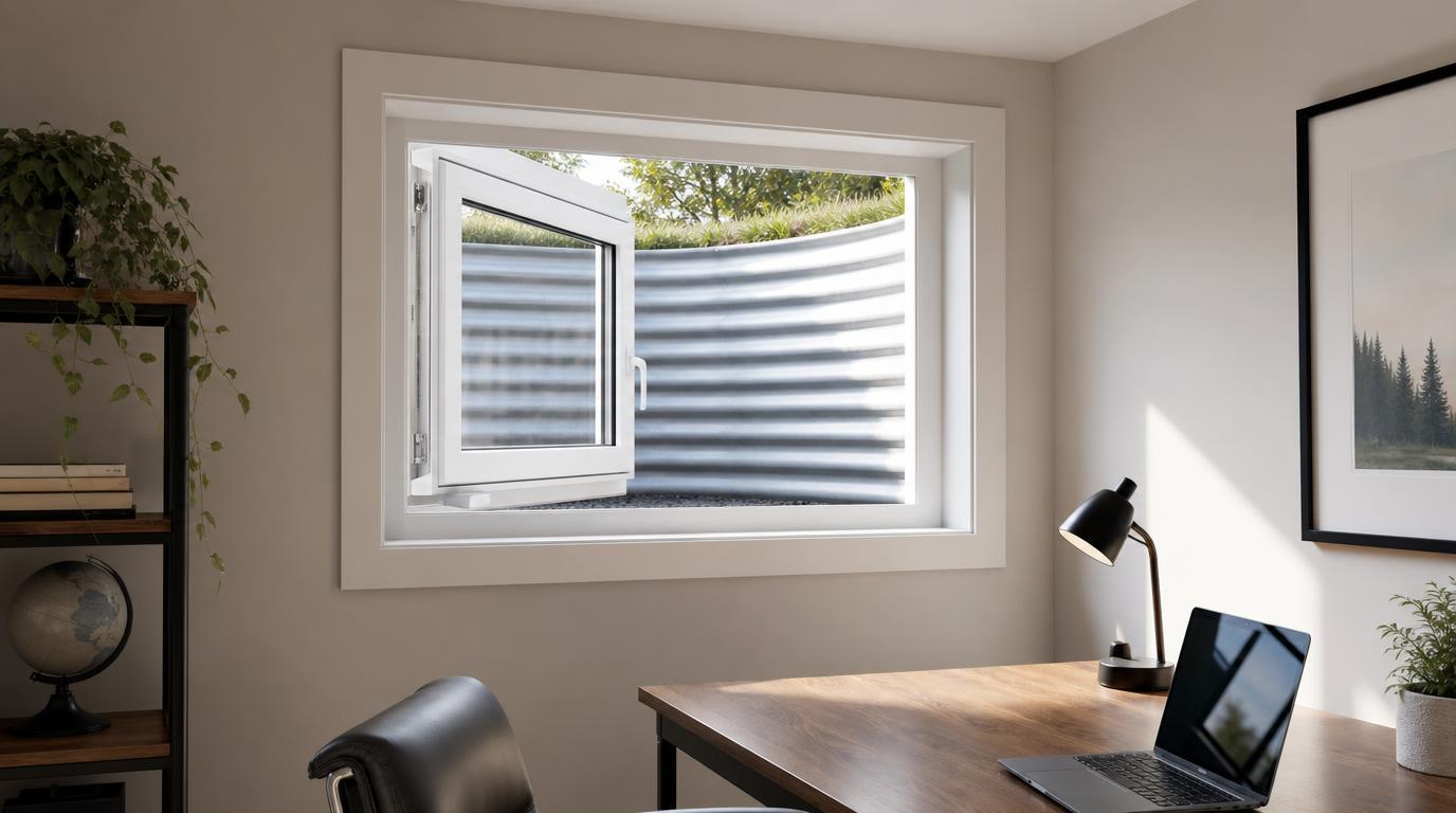 Inswing casement egress window open in a modern basement home office letting in natural daylight