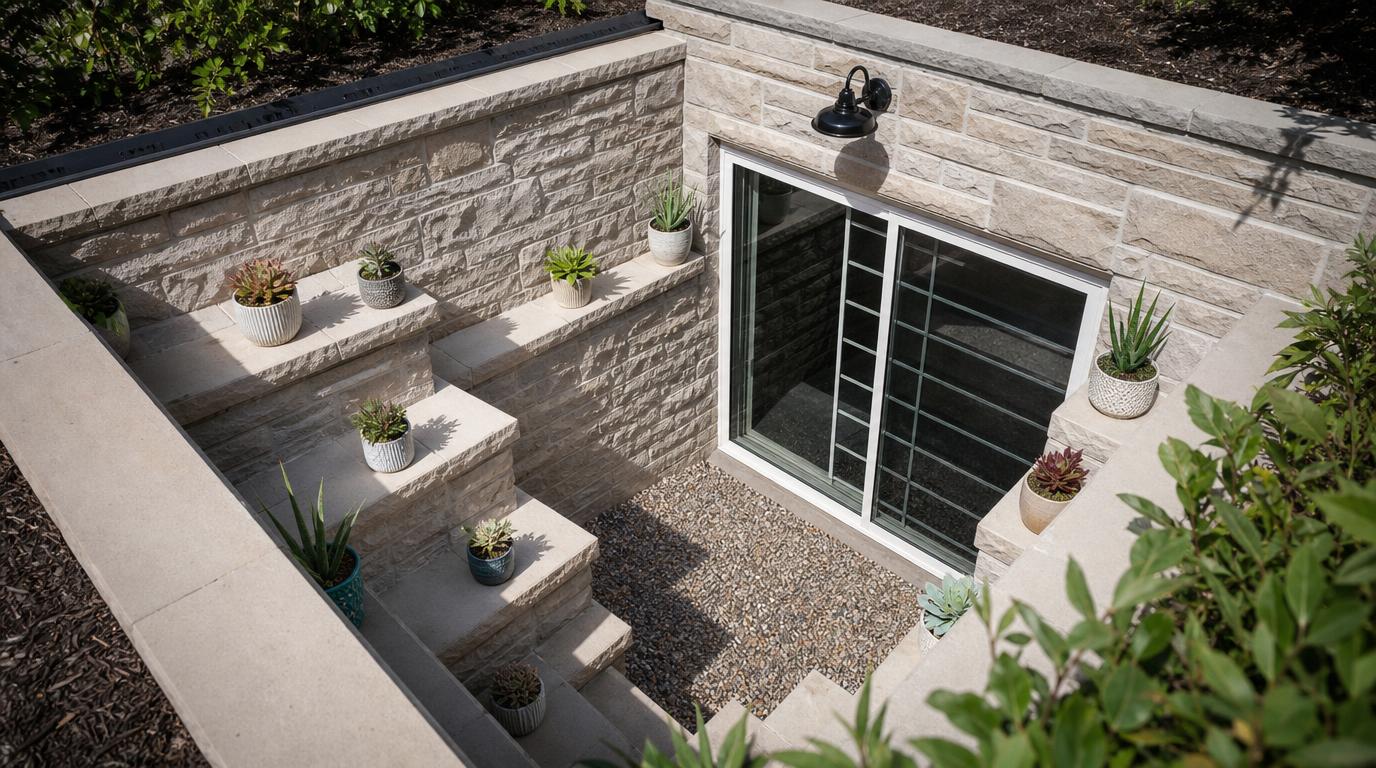 Light-colored stone terraced window well designed to reflect natural sunlight into basement egress window