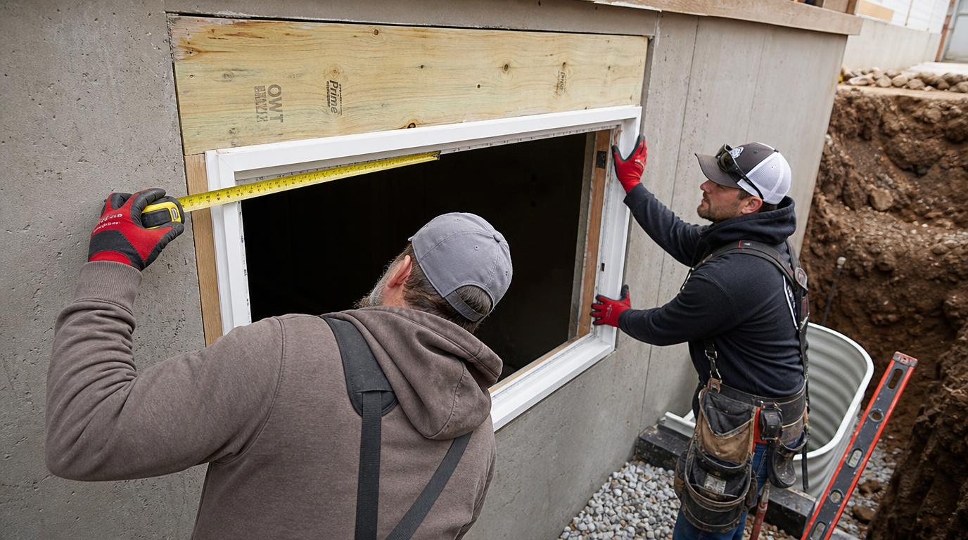 Professional contractor installing an egress window frame into a cut concrete basement wall foundation