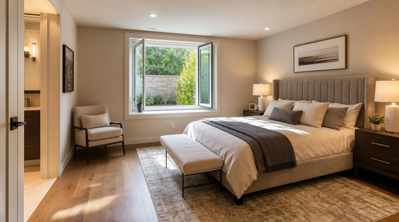 Sunlit basement bedroom featuring a large open casement egress window and compliant sill height